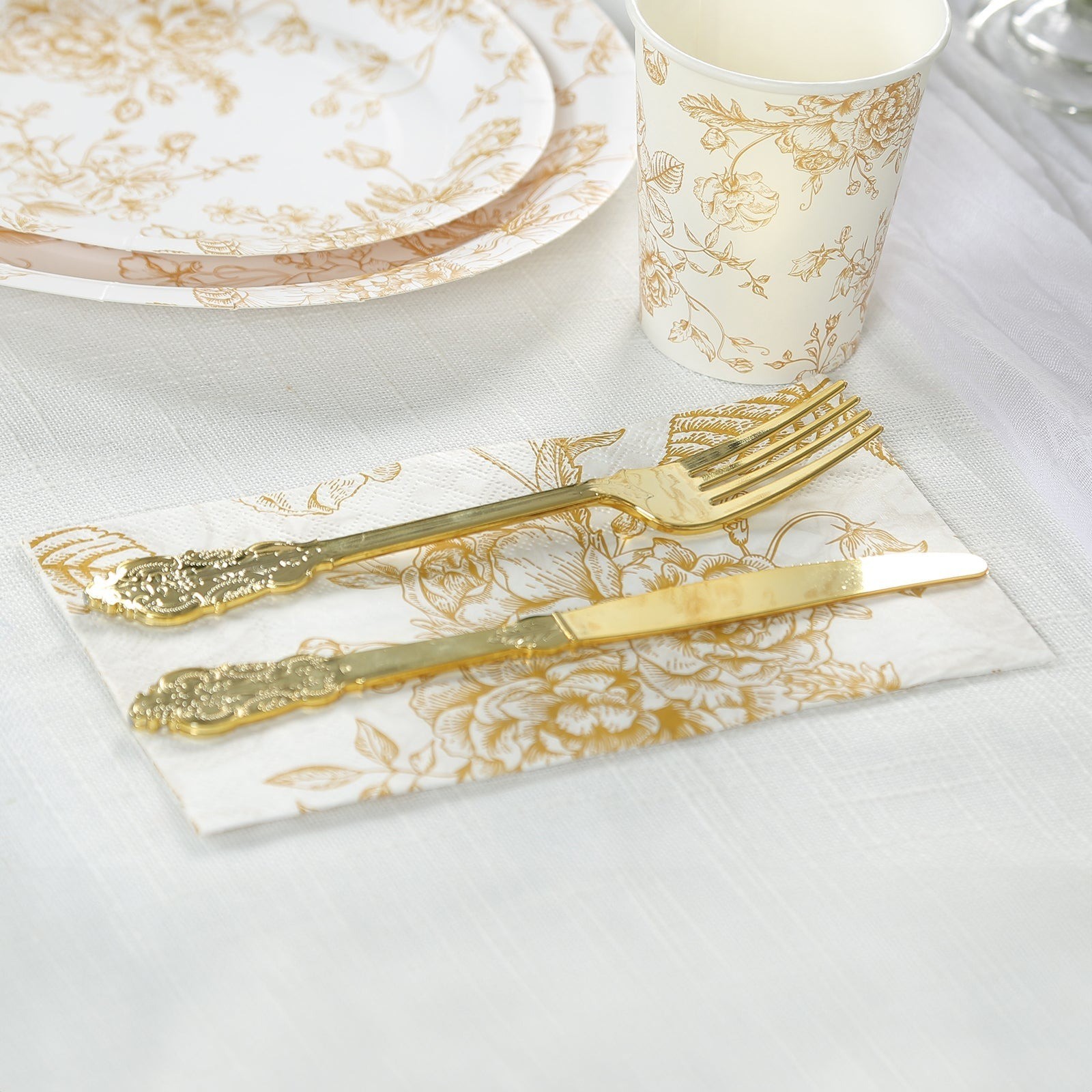 50 White with Gold Paper 2-Ply Dinner Napkins in French Toile Floral Pattern