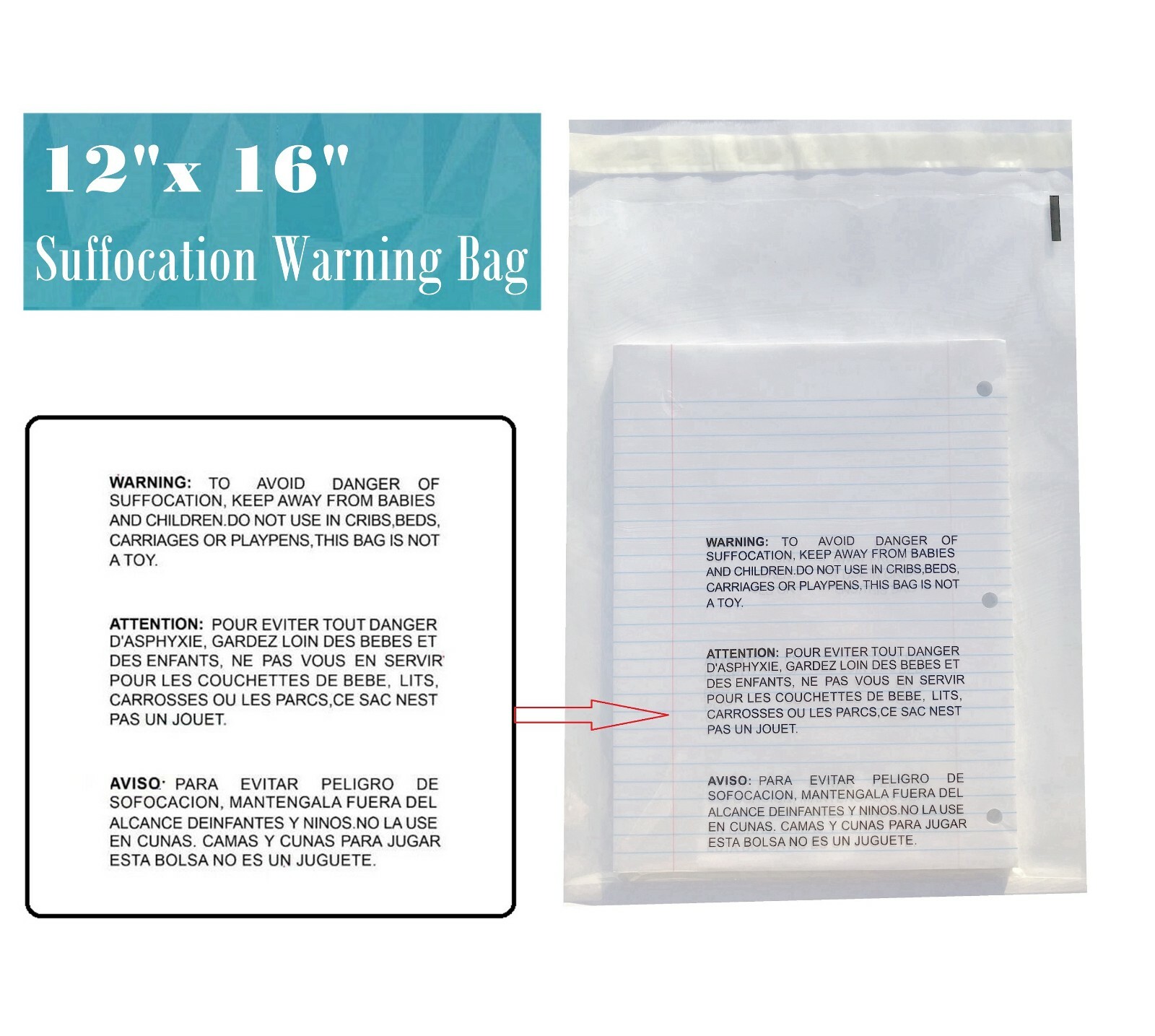 12x16 Clear Suffocation Warning Poly Self Seal Bags -ST ShipMailers