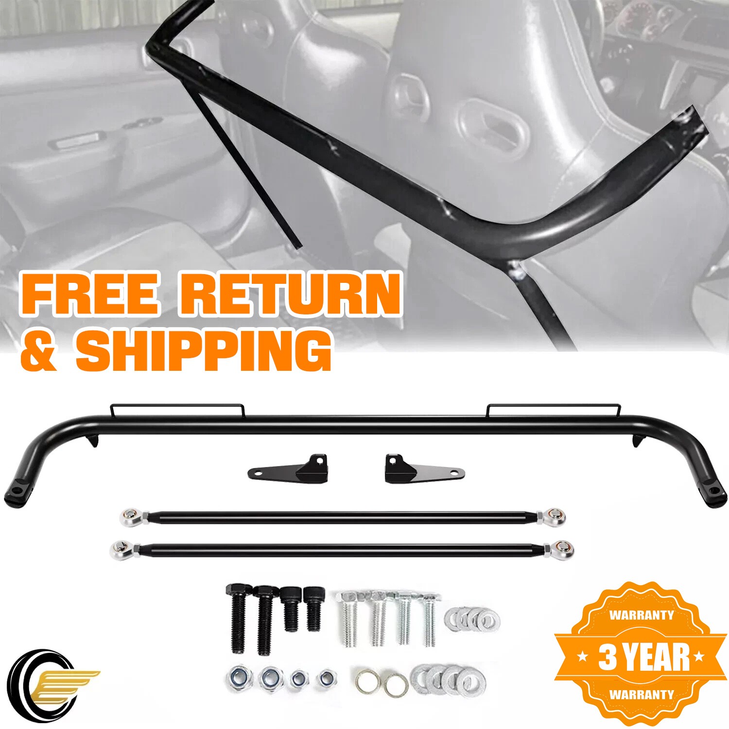 49" Black Universal Stainless Steel Racing Safety Seat Belt Roll Harness Bar Rod