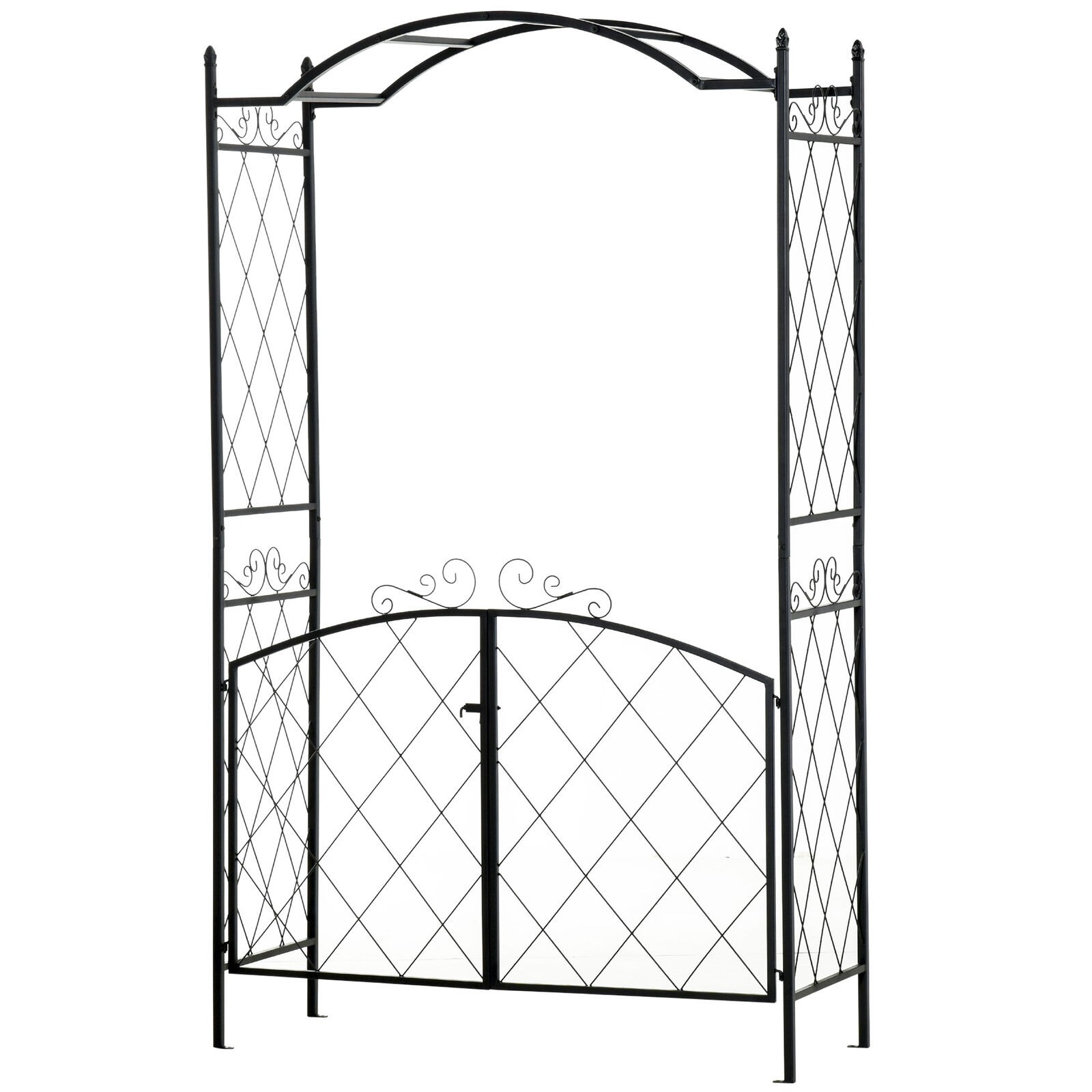 Garden Arbor Trellis with Gate Outdoor Arch Scrollwork for Climbing Plant Vines