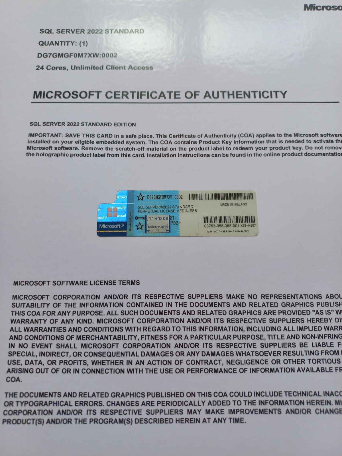 MS SQL Server 2022 Standard 24 Core License, unlimited User CAL PHYSICAL ITEM