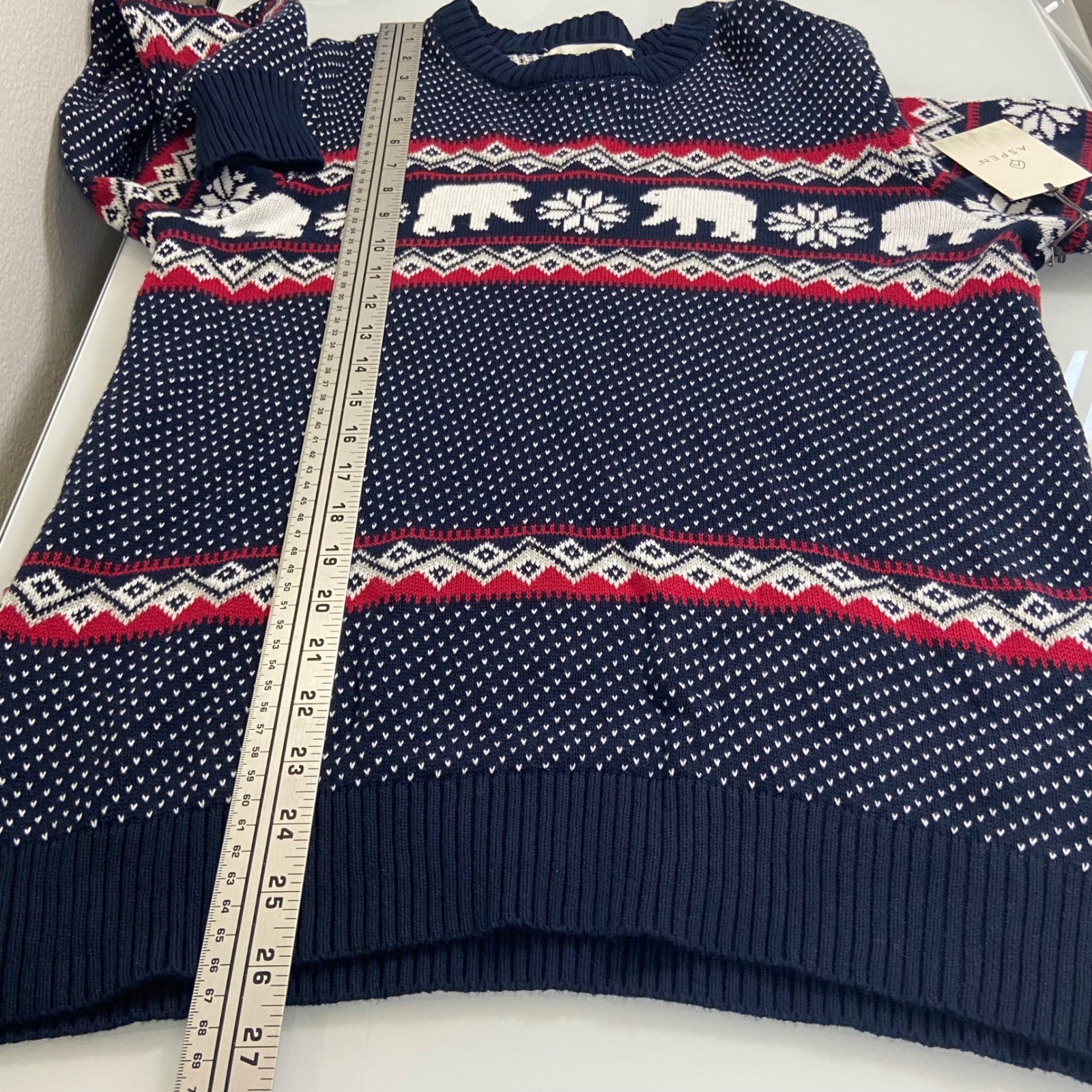 Aspen Mens Medium Polar Bear Christmas Sweater Navy Blue Red White Fair Isle