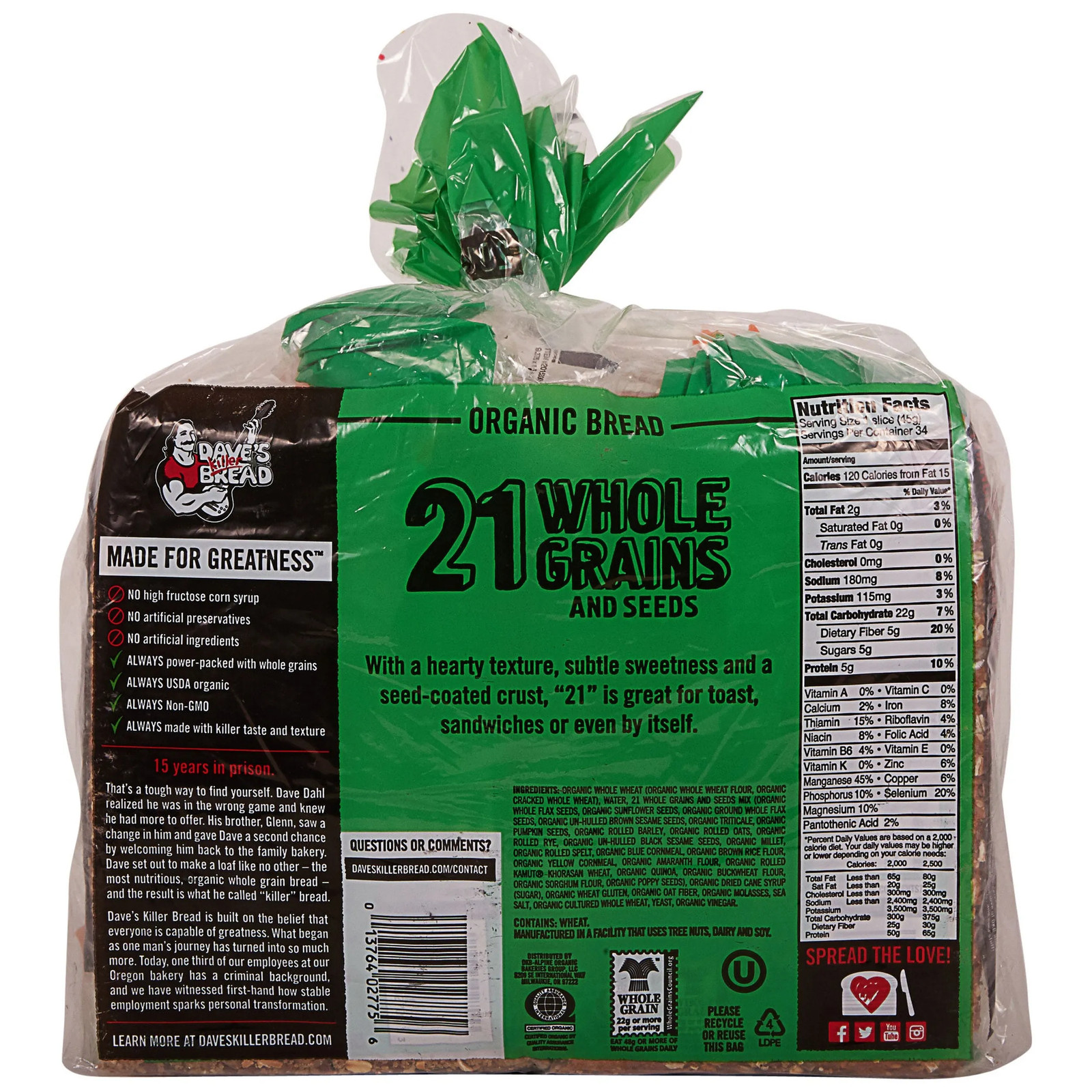 Dave's Killer Bread, Organic 21 Whole Grain Bread Loaf, Sliced, 27 oz, 2-pack