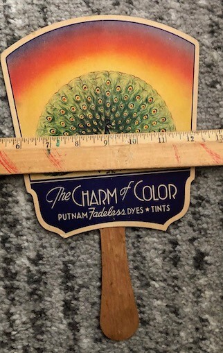 Advertising Hand Fan Putnam Dyes & Tints Peacock Promo 1930s Drugstore Rainbow