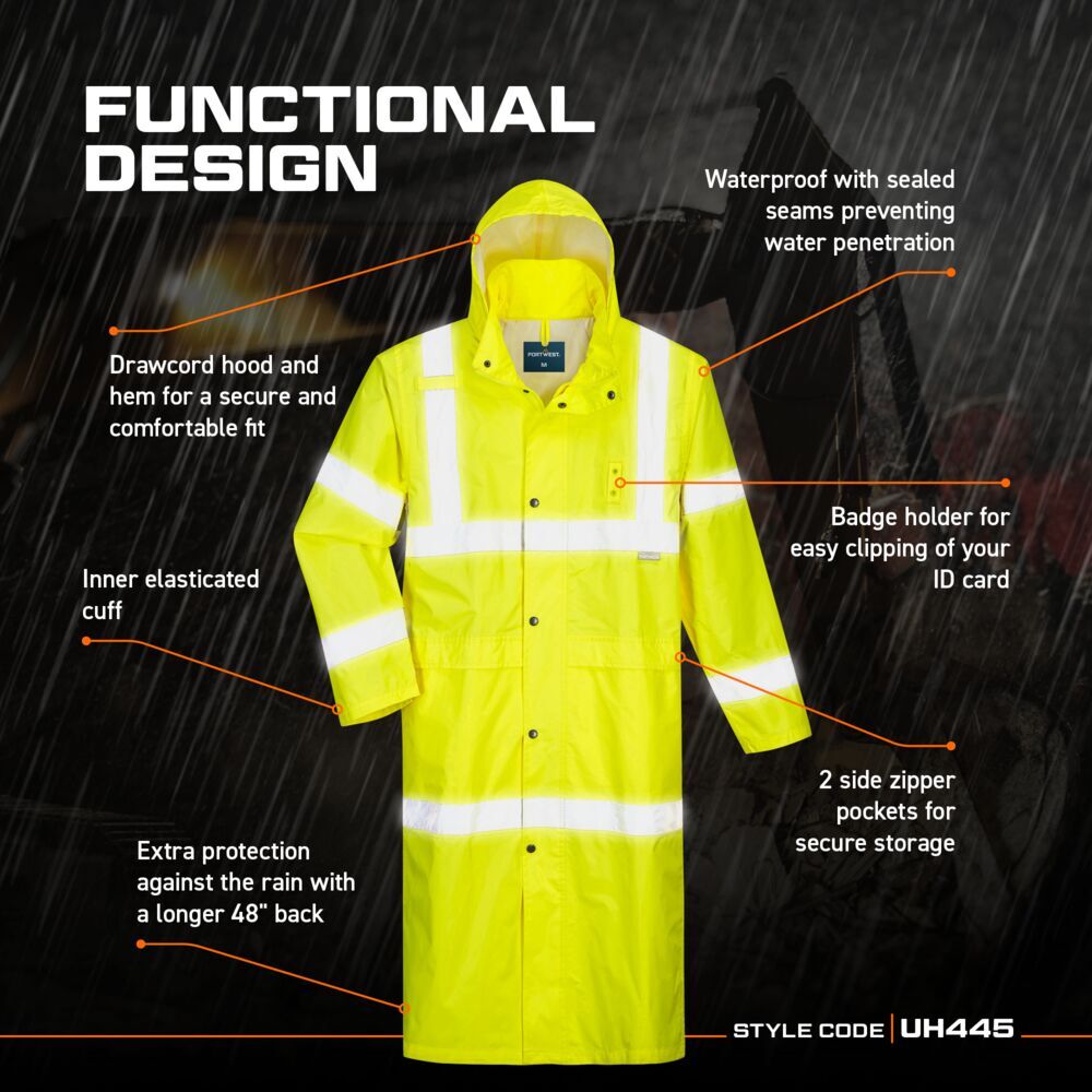 Portwest UH445 Mens Waterproof Raincoat Hi Vis Reflective Lightweight 48" Jacket
