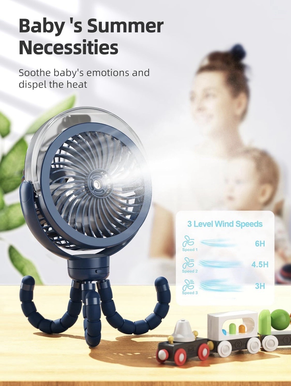 Misting Stroller Fan, 6000mAh Battery Operated Portable Fan with Light