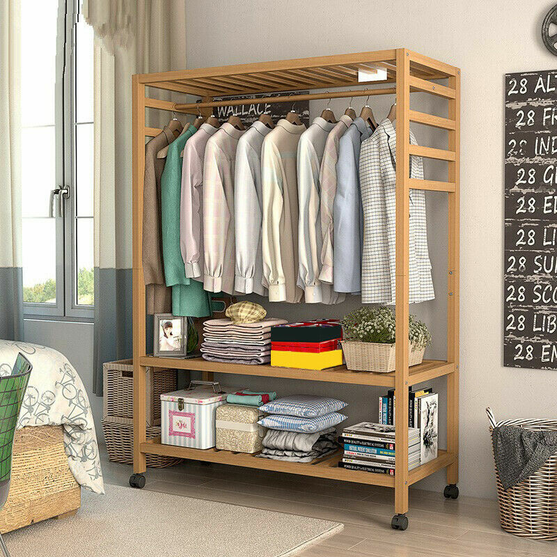 Bamboo Clothes Rail Rack Garment Storage Organizer Hanging Shelf On-Wheels DIY