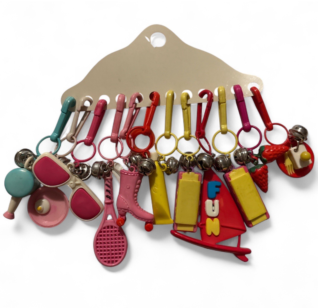 Vintage 80s Plastic Clip On Bell Charm Necklace  12 Charms Assorted Made Taiwan