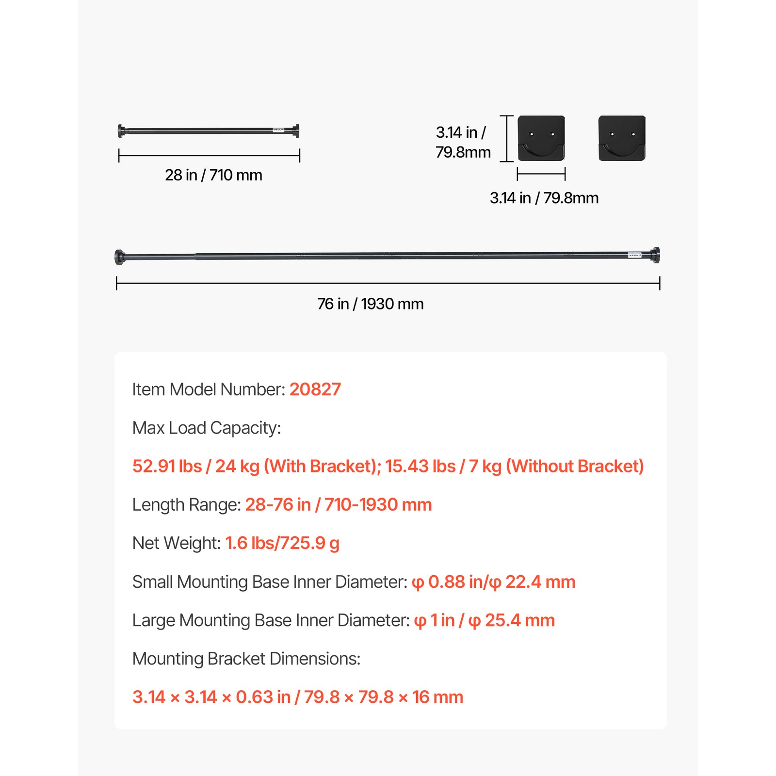 Uimoso Adjustable Tension Shower Rod 28-76 in Stainless Steel, Black Finish