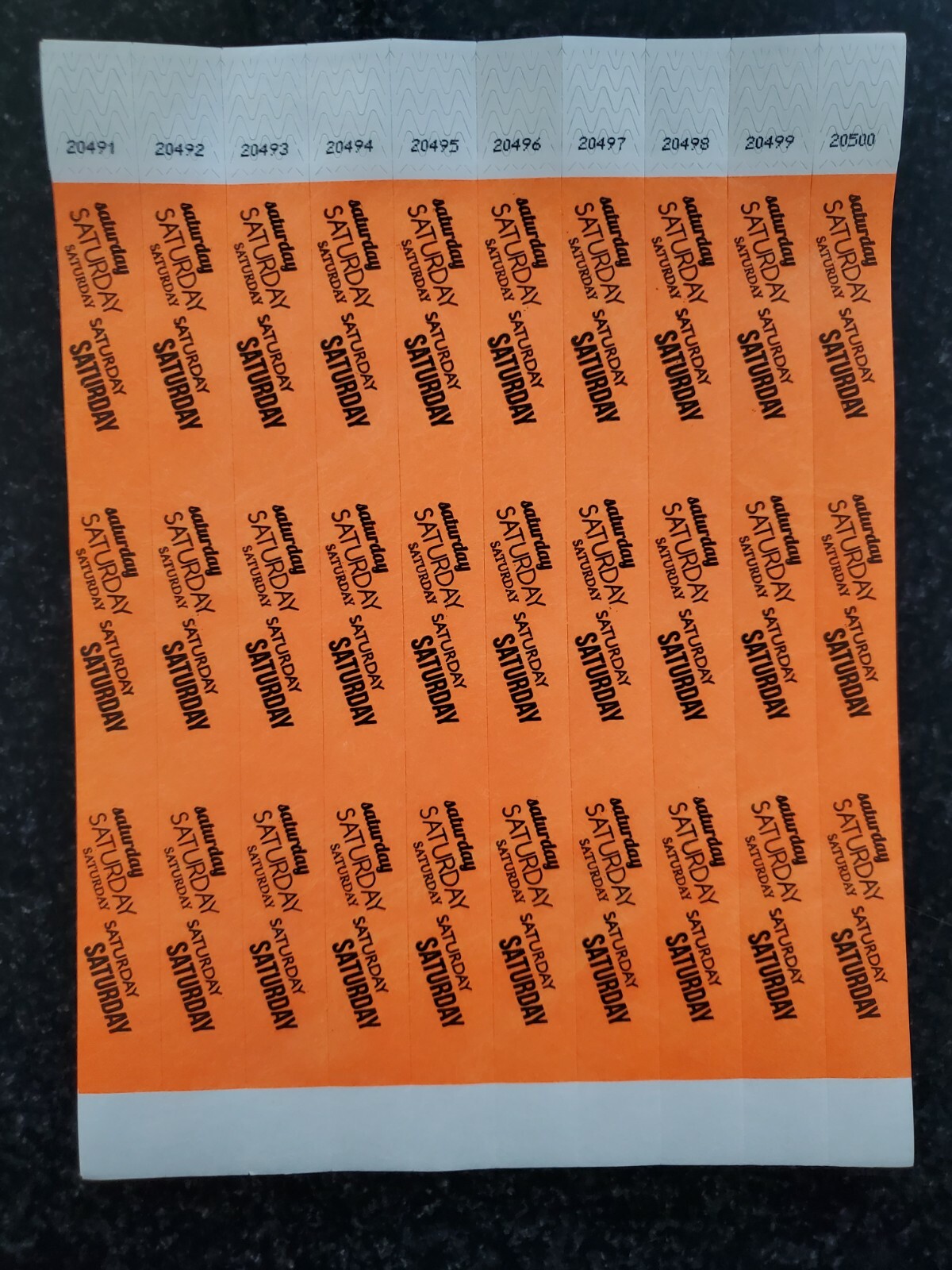 100 3/4" NEON ORANGE (Saturday) TYVEK WRISTBANDS, PAPER WRISTBANDS