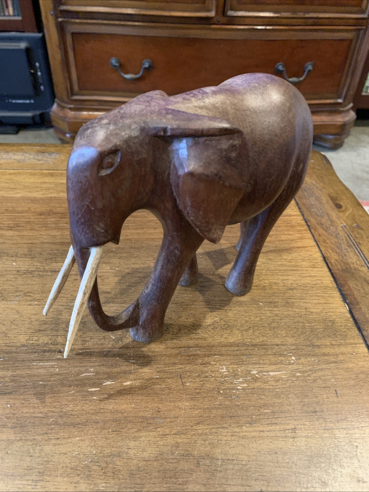VINTAGE LARGE AFRICAN WOODEN ELEPHANT SCULPTURE Hand Carved ORIGINAL TUSKS