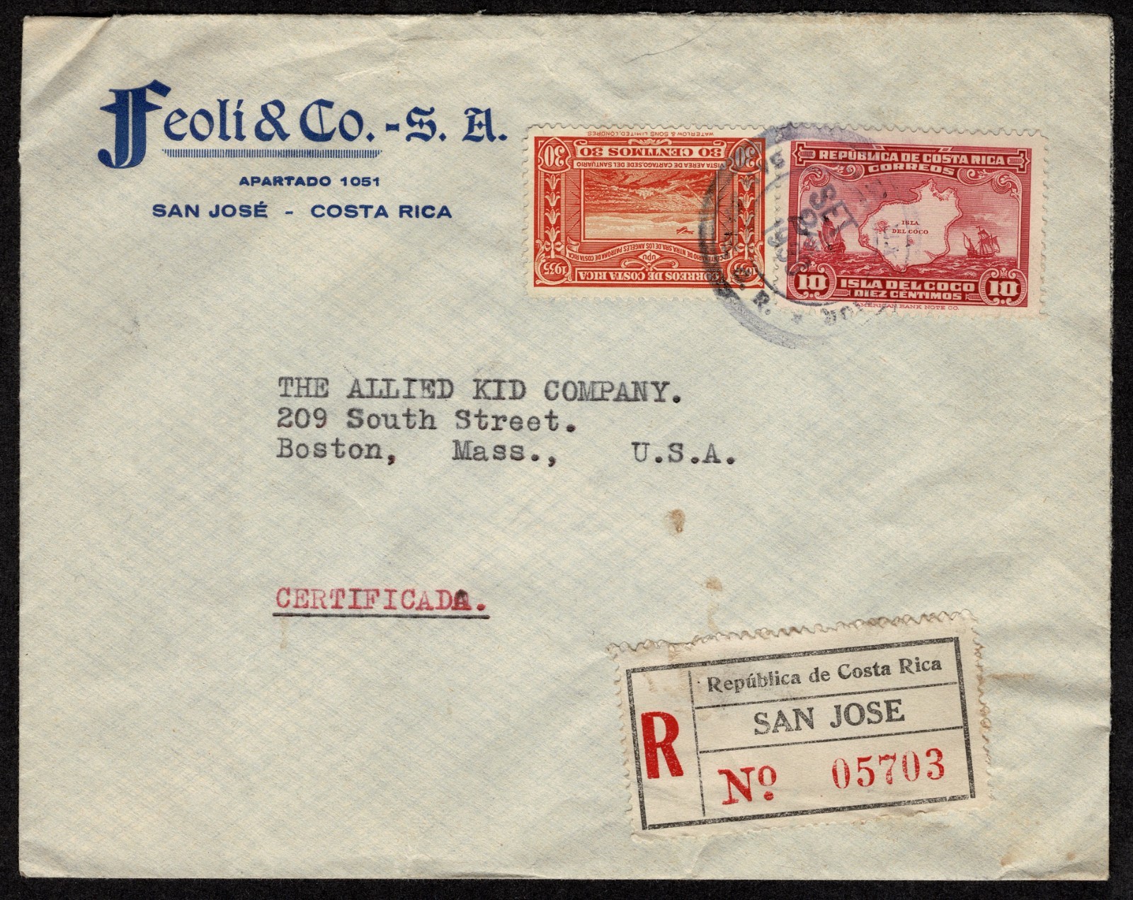 COSTA RICA TO USA: 1938 REGISTERED cover 1936 10c and 1935 30c orange