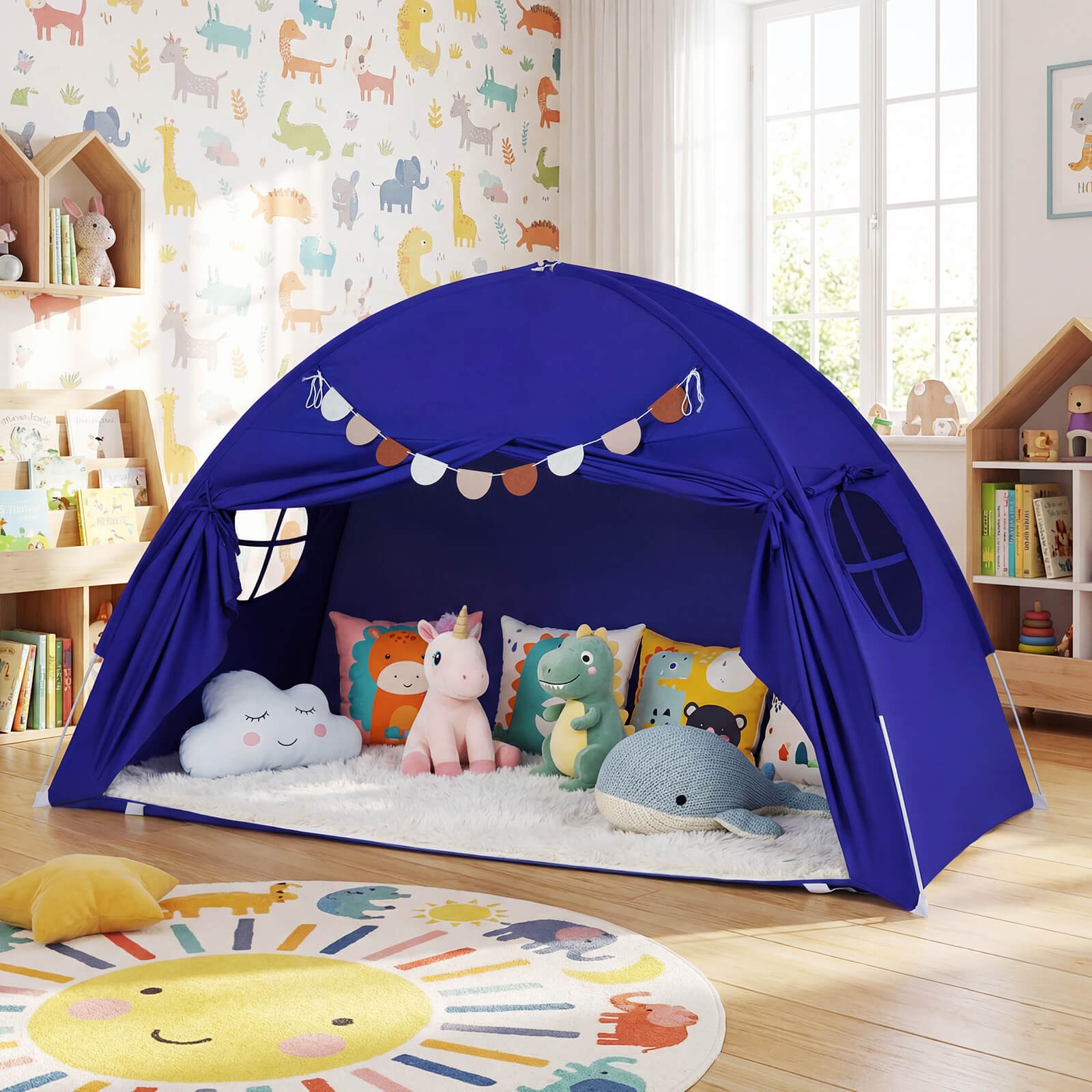 Twin Size Bed Tent w/2 Windows, Flags for Boys & Girls Aged 3+ Years Old