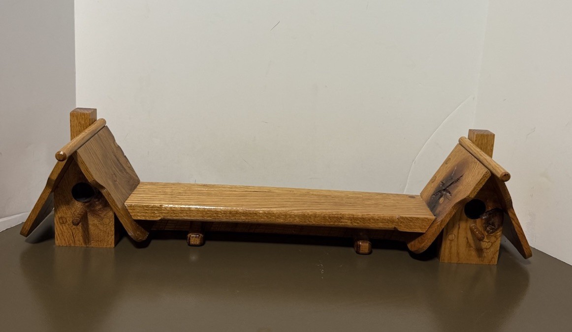 Handmade Double Birdhouse Shelf / Coat rack Carved Wood Hooks Vintage