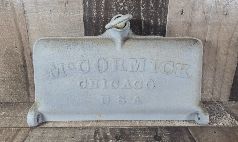 ANTIQUE McCormick Tool Box Lid Cast Iron Tractor Horse Mower Implement M539