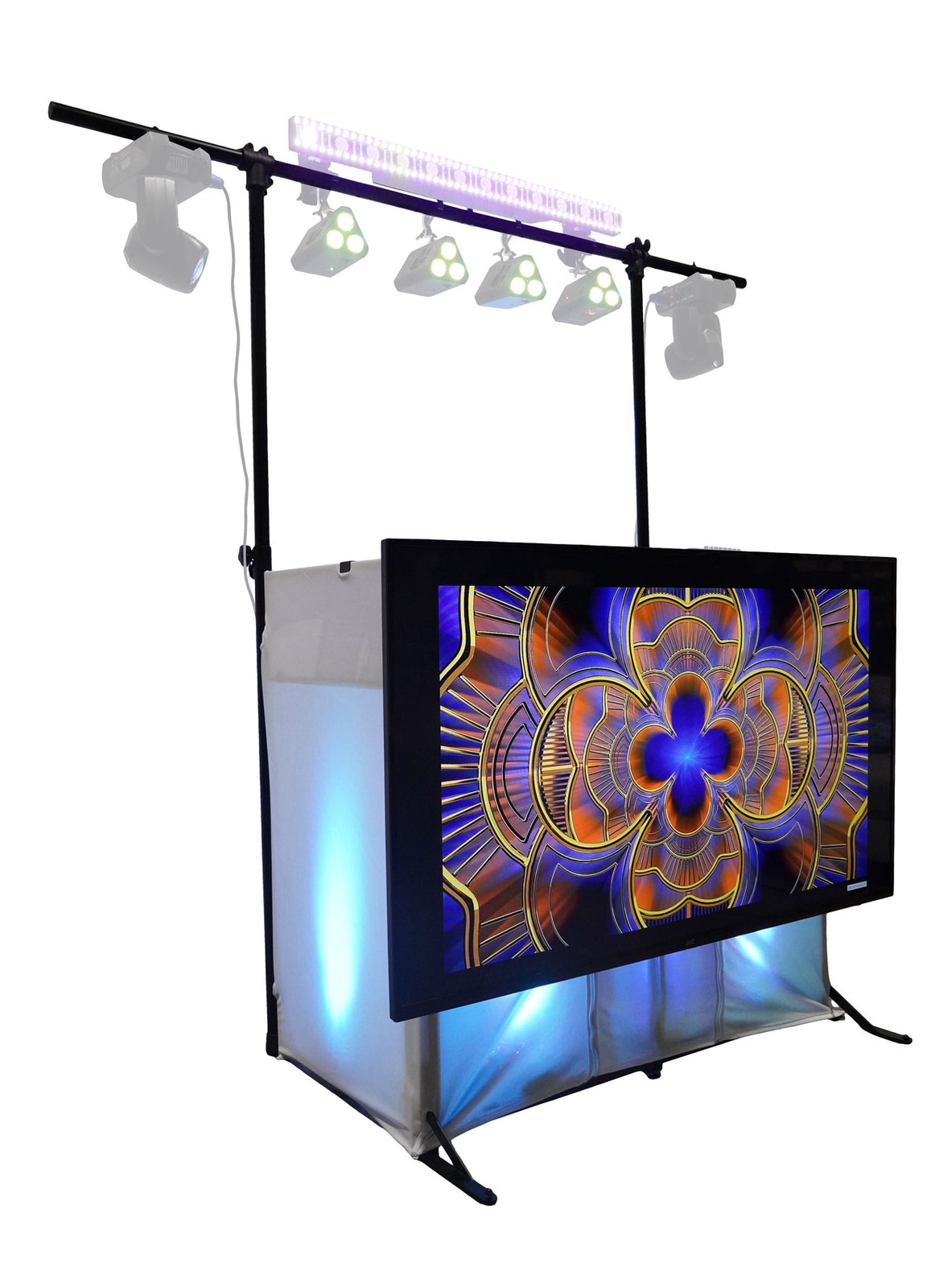 Rockville ROCKBOOTH PRO PACK DJ Booth Table Facade w/70" TV Mount+Lighting Truss