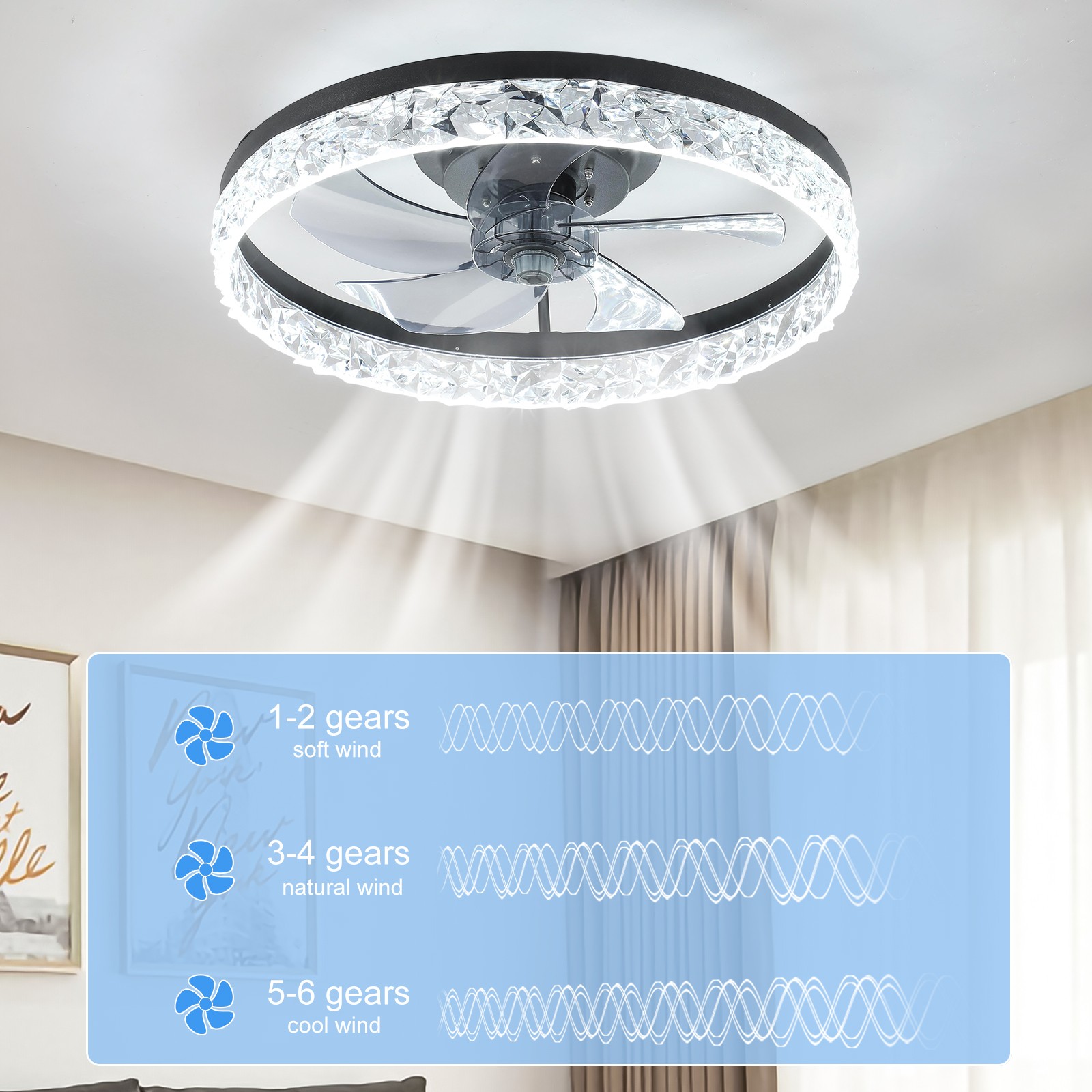 20" Ceiling Fan With LED Lights Crystal Design Flush Mount Remote & APP Control