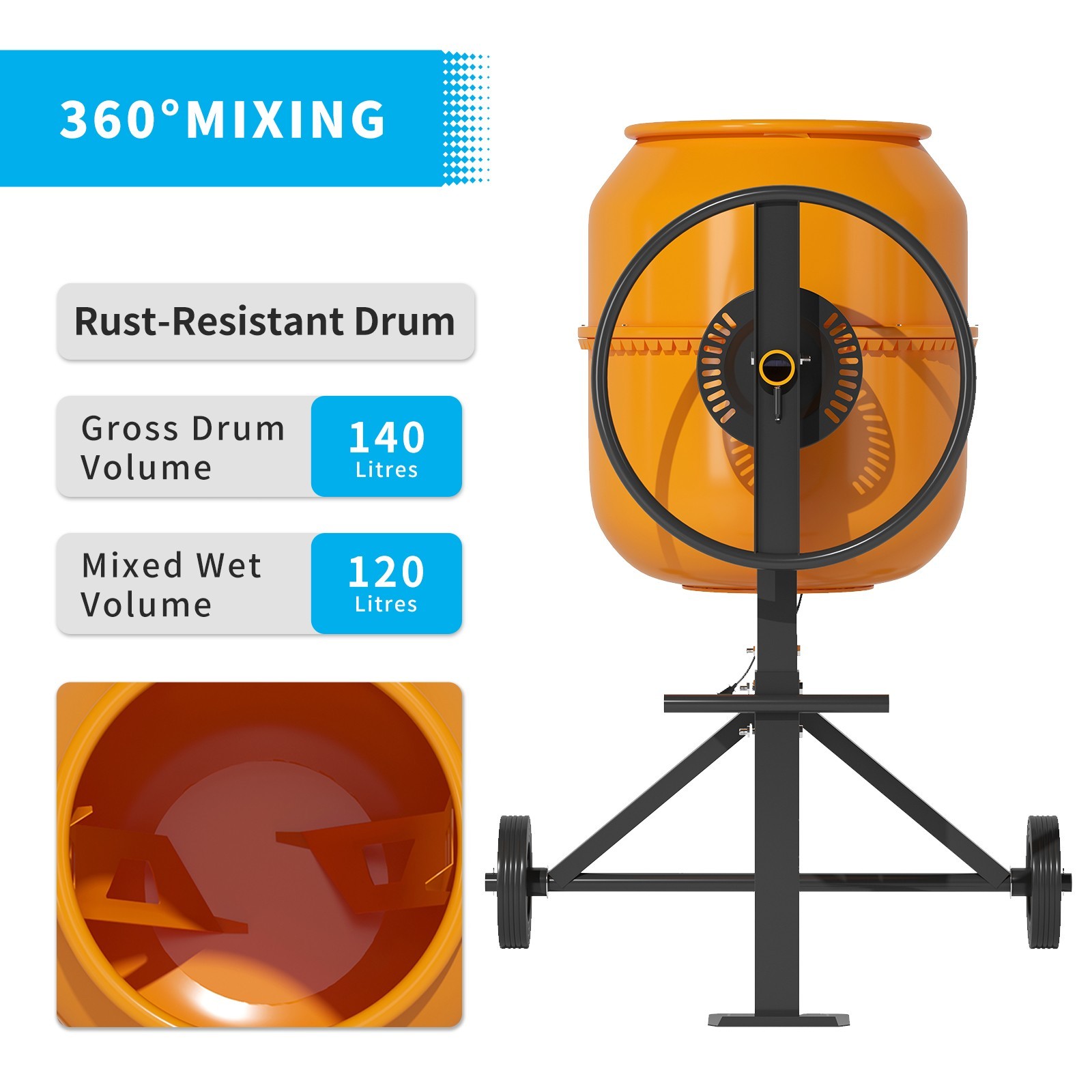 DISHUP Cement Mixer,5.0 Cu.ft Concrete Mixer with Wheels for Stucco/Seeds