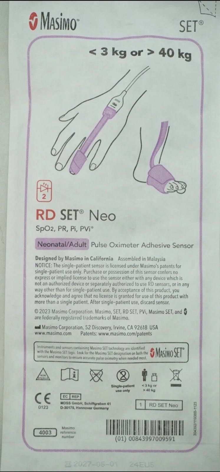 Masimo RD Set Neo Pulse Oximeter Adhesive Sensor 3kg 40kg Box Of 20 REF 4003