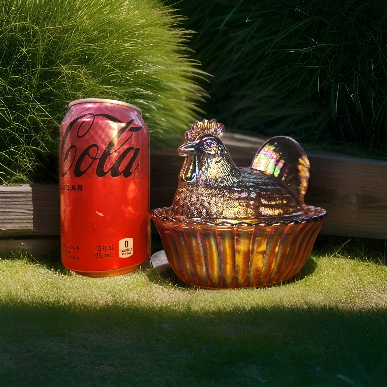 5" Rooster With Split Tail on a Ribbed Nest Titanium Carnival Westmoreland Mould