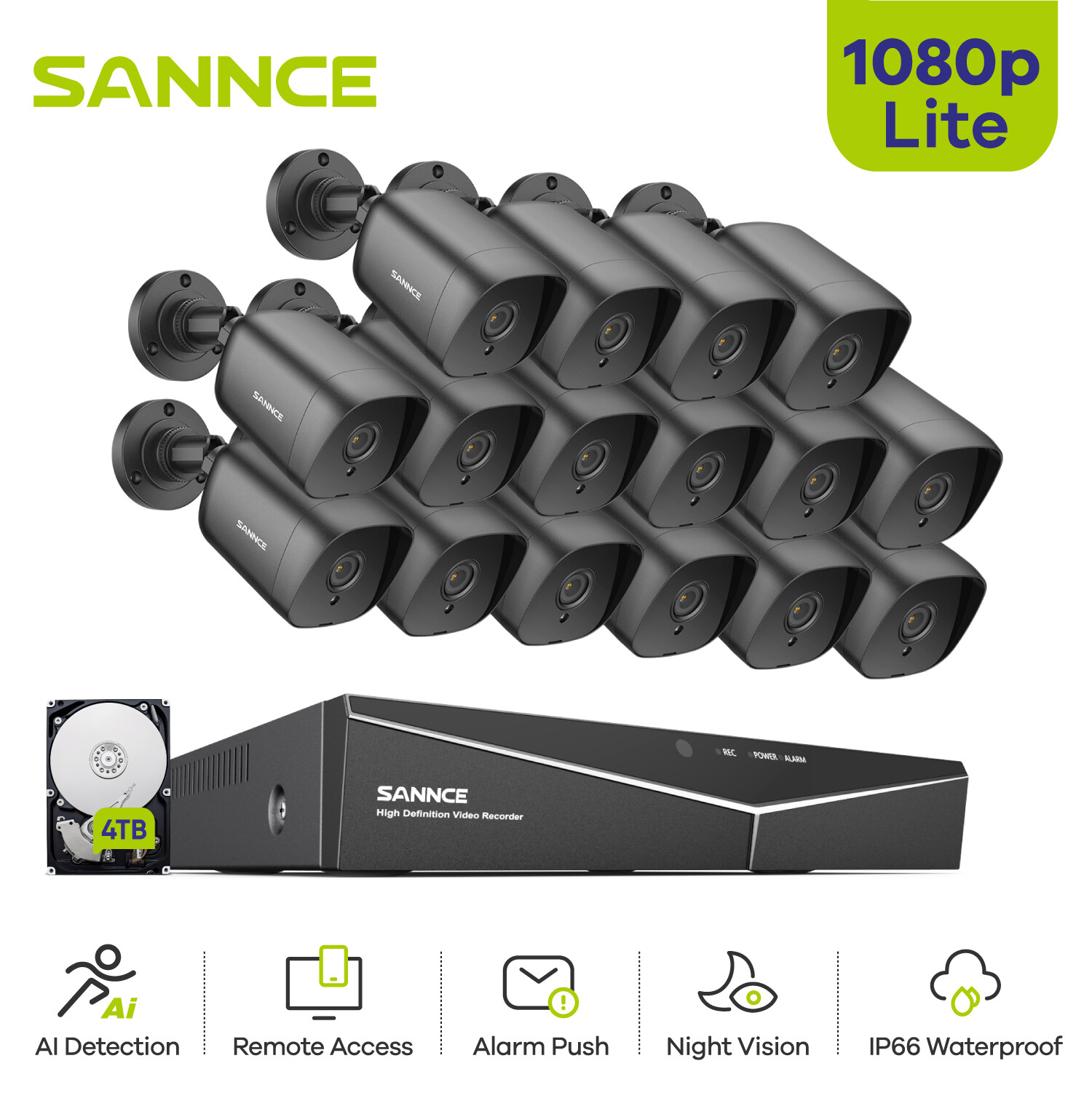 SANNCE 16CH 5IN1 DVR 1080P Home Security Camera System Outdoor IR Night Vision