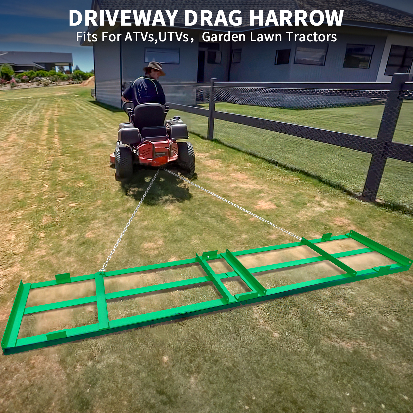 8 Ft Drag Harrow Grader Yard Lawn Leveling Tool for ATV/UTV Tractor W/Chain