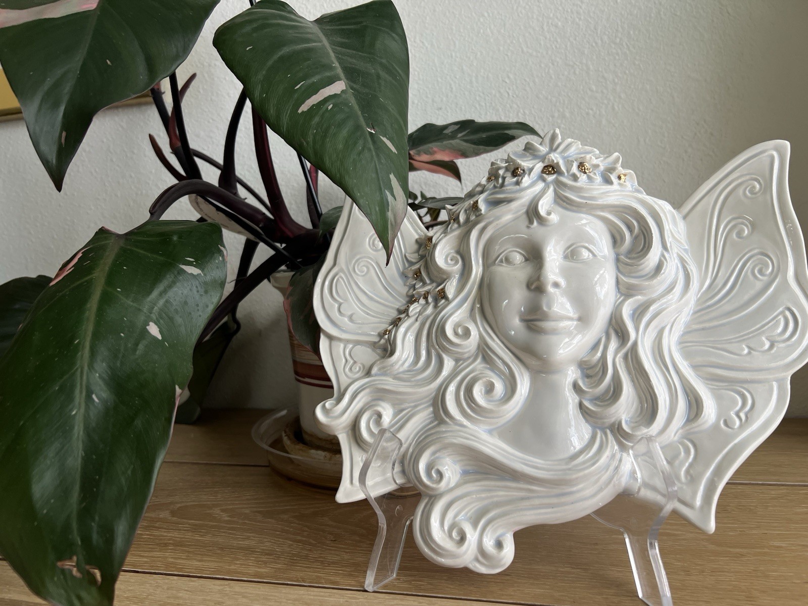 Vintage Ceramic Fairy Wall Plaque Angel Fairy Face Winged Decor Cottagecore