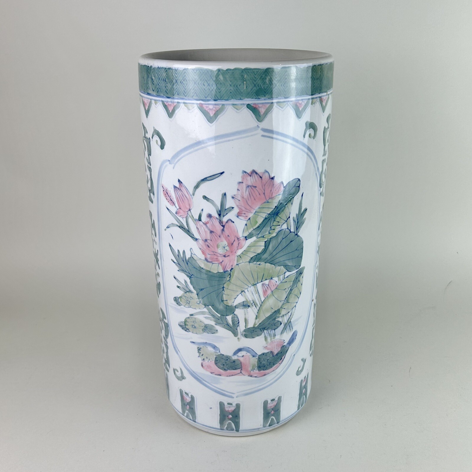 Vintage Ceramic Umbrella Stand 18” Asian Design Floral Birds Flowers