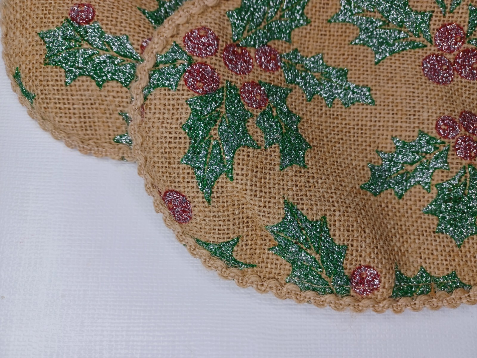 Burlap Christmas Tree Stocking Set Of Two Stockings Glitter Holly Berries Leaves