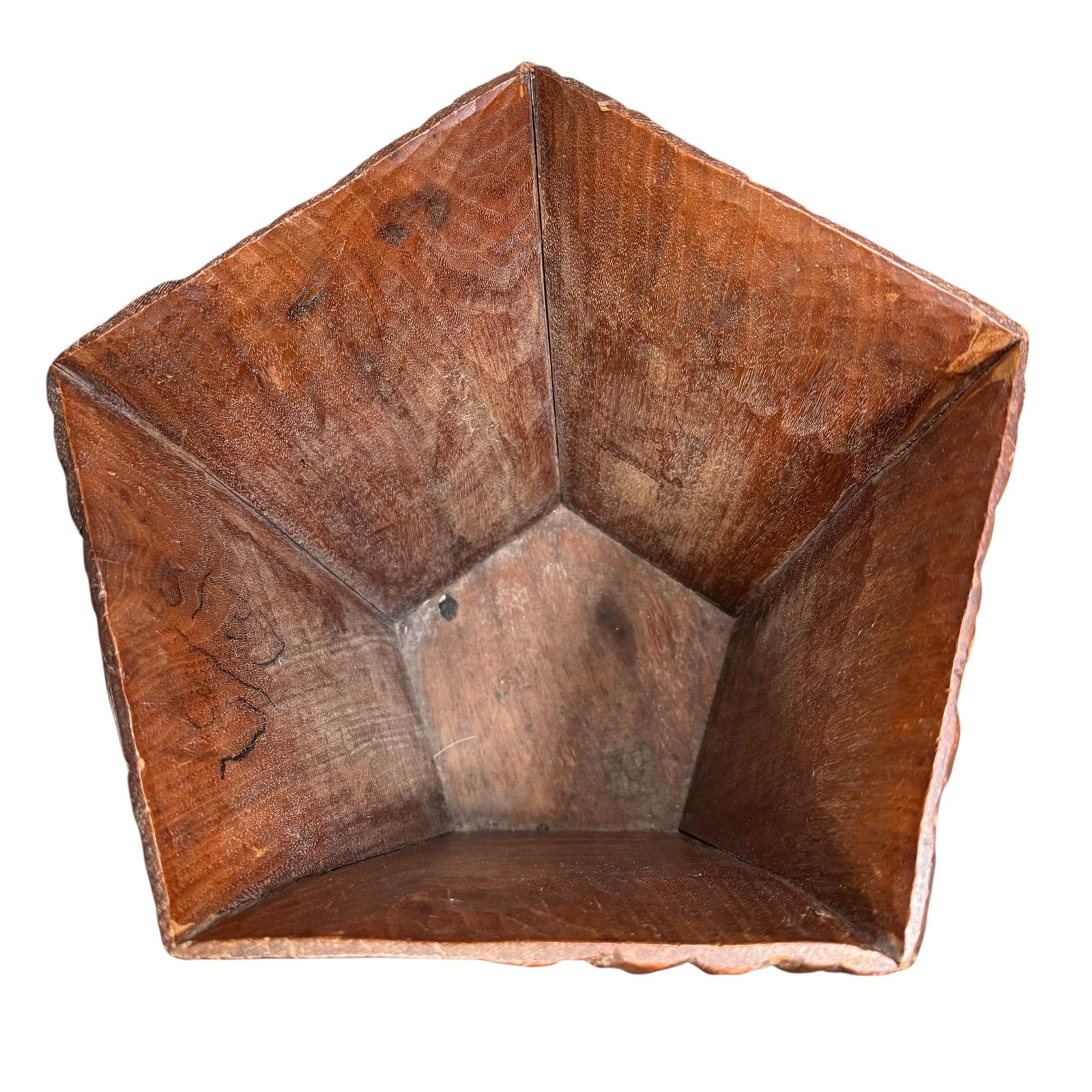 Vintage Hand Carved Wood Deer Forest Table Vase Pentagon Rustic Folk Primitive