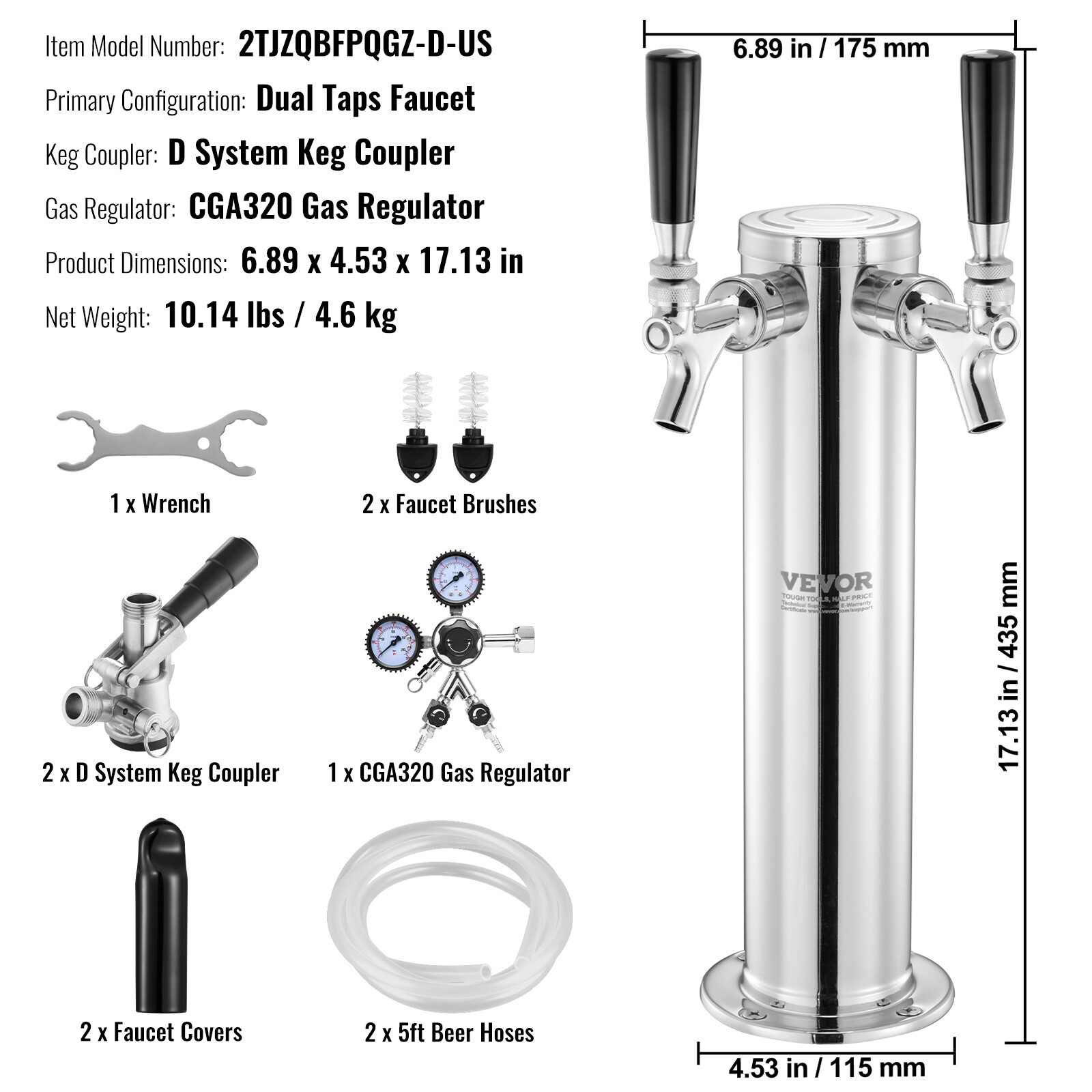 VEVOR Kegerator Tower Kit Double Taps Beer Conversion Kit & Self-Closing Spring