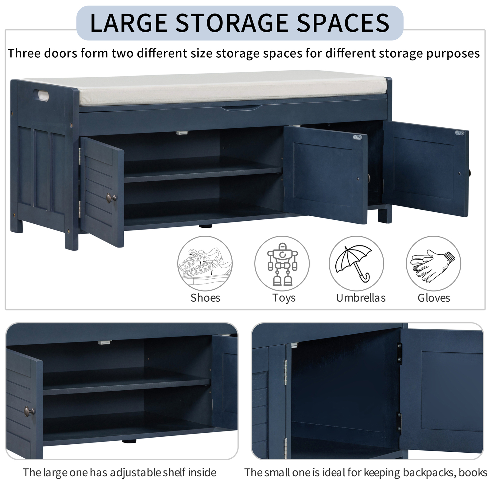 Storage Bench for Entryway, Shoe Bench with Lift Top Storage & 3 Doors w/Cushion