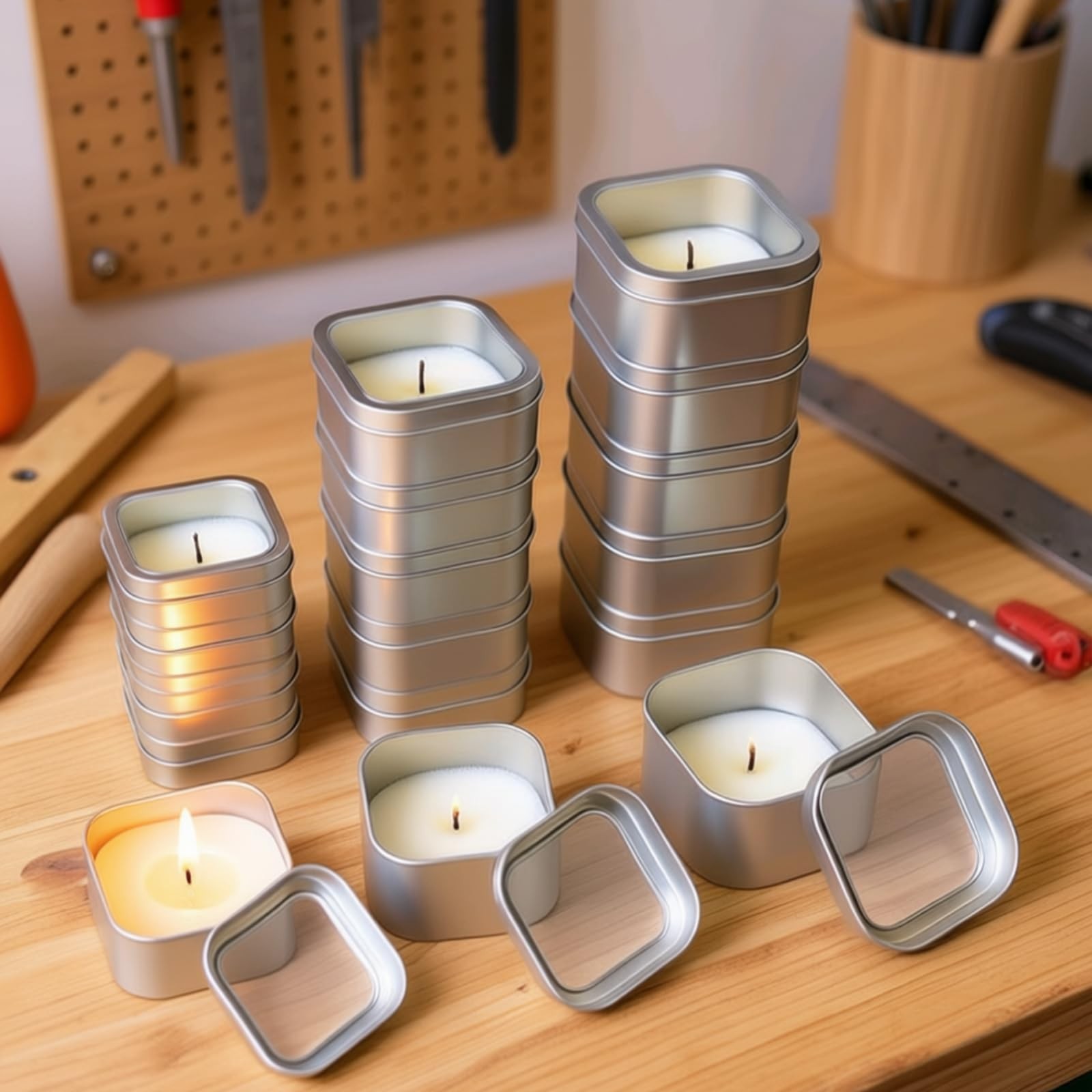 18-Pack Empty Square Silver Metal Tins with Clear Window for Candle Making, C...