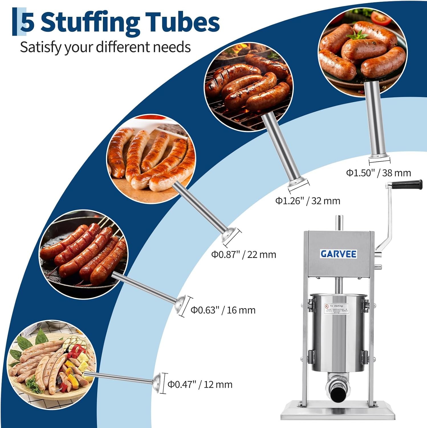 7L Manual Sausage Stuffer 304 Stainless Steel w/ 5 Filling Tubes & Cleaning Kit