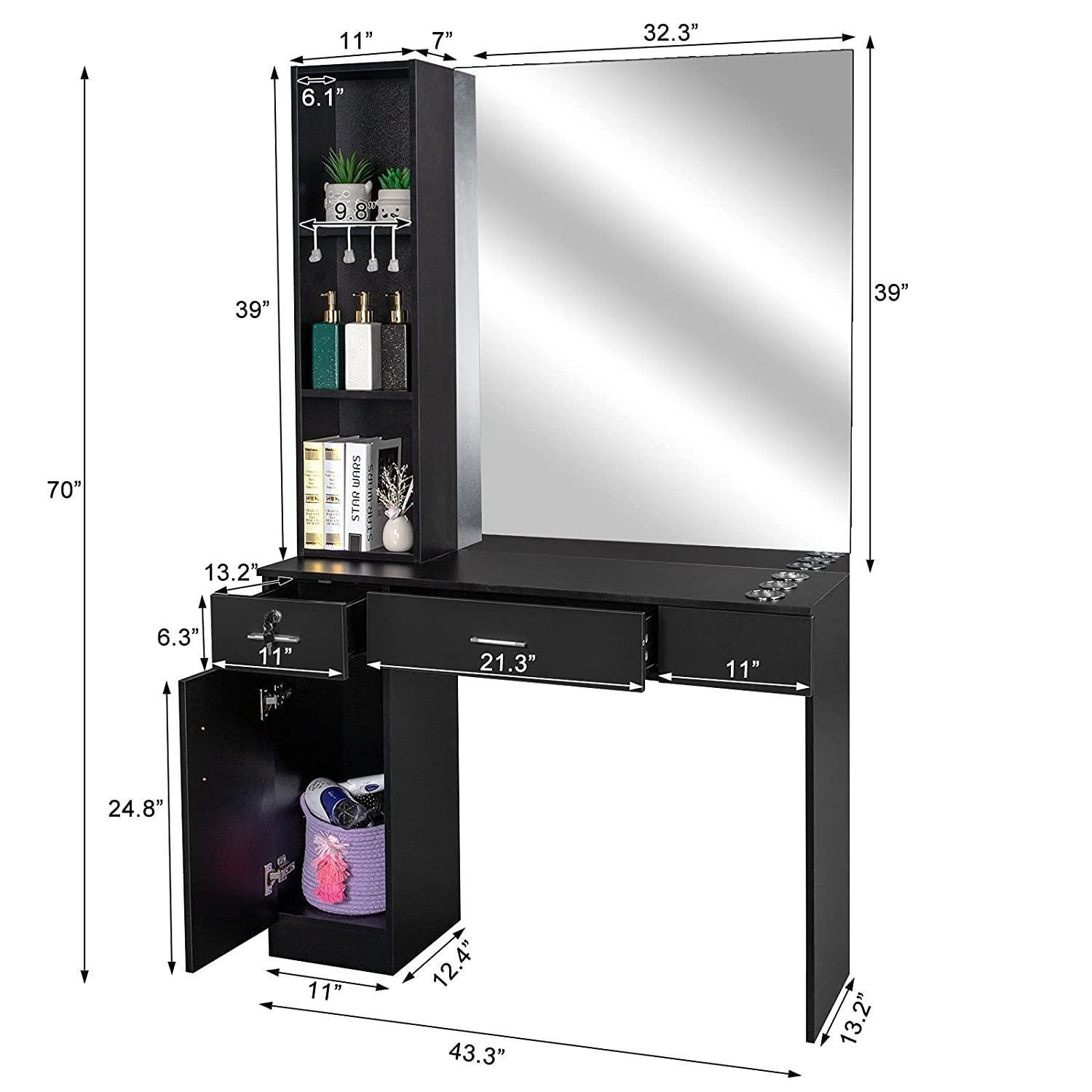 Beauty Salon Station Table Hair Styling Barber Storage Cabinet Shelves W/ Mirror