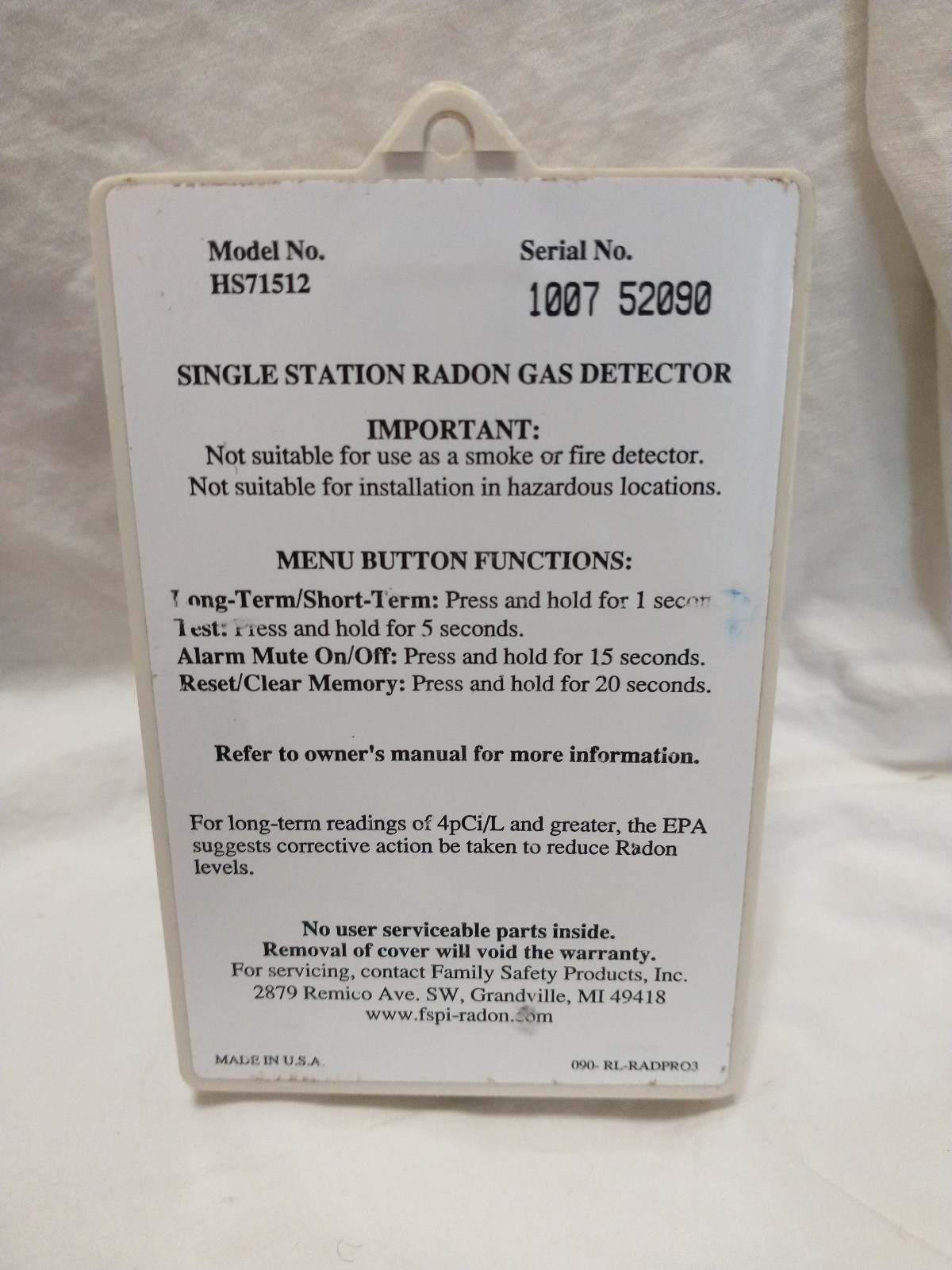 Safety Siren Pro Series 3 Radon Gas Detector HS71512