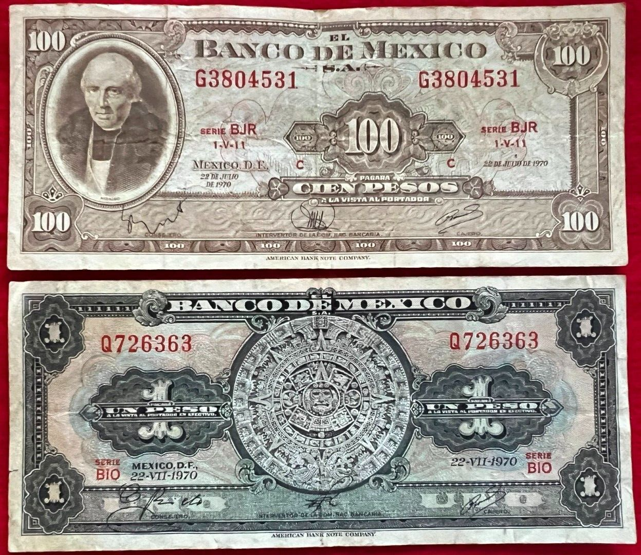 LOT of 10 MEXICO PESO BANKNOTES SERIES 1, 5,10,20,50,100,500,1000 BDM MEXICO ABN