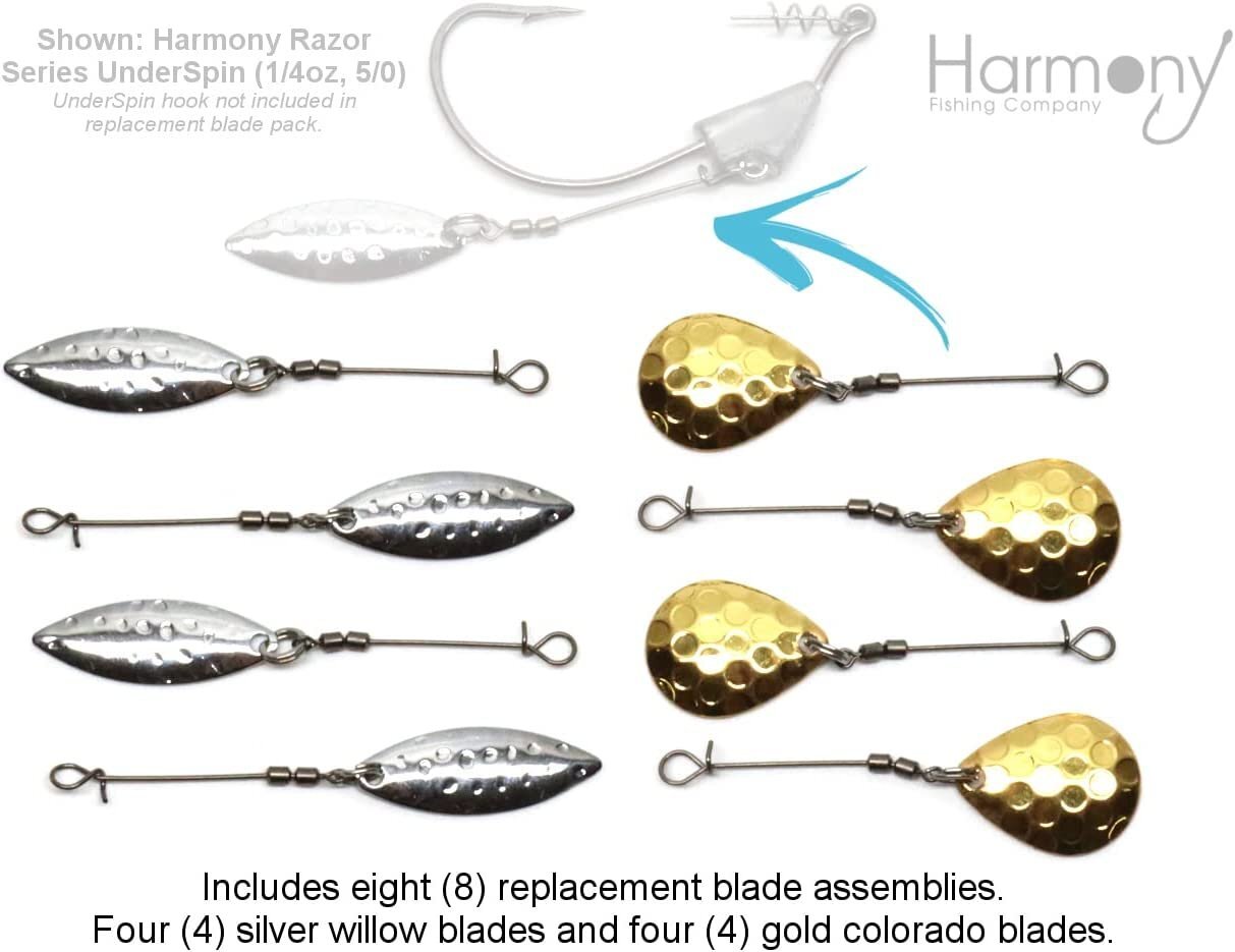 Harmony Fishing Replacement UnderSpin Blades (4 Silver Willow, 4 Gold Colorado)