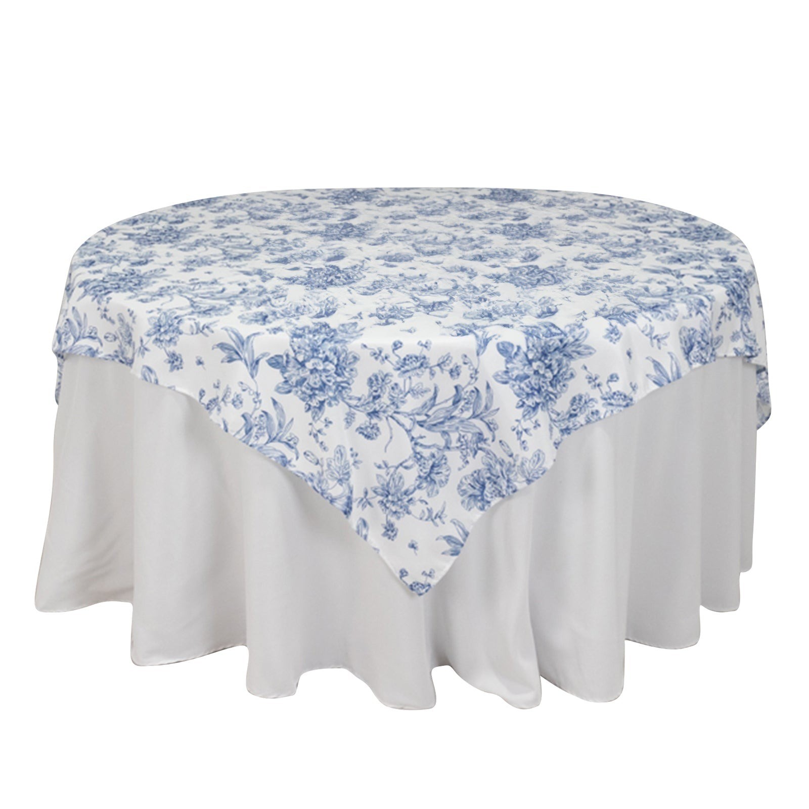 70" x 70" Blue French Toile Pattern Polyester Square Tablecloth Disposable