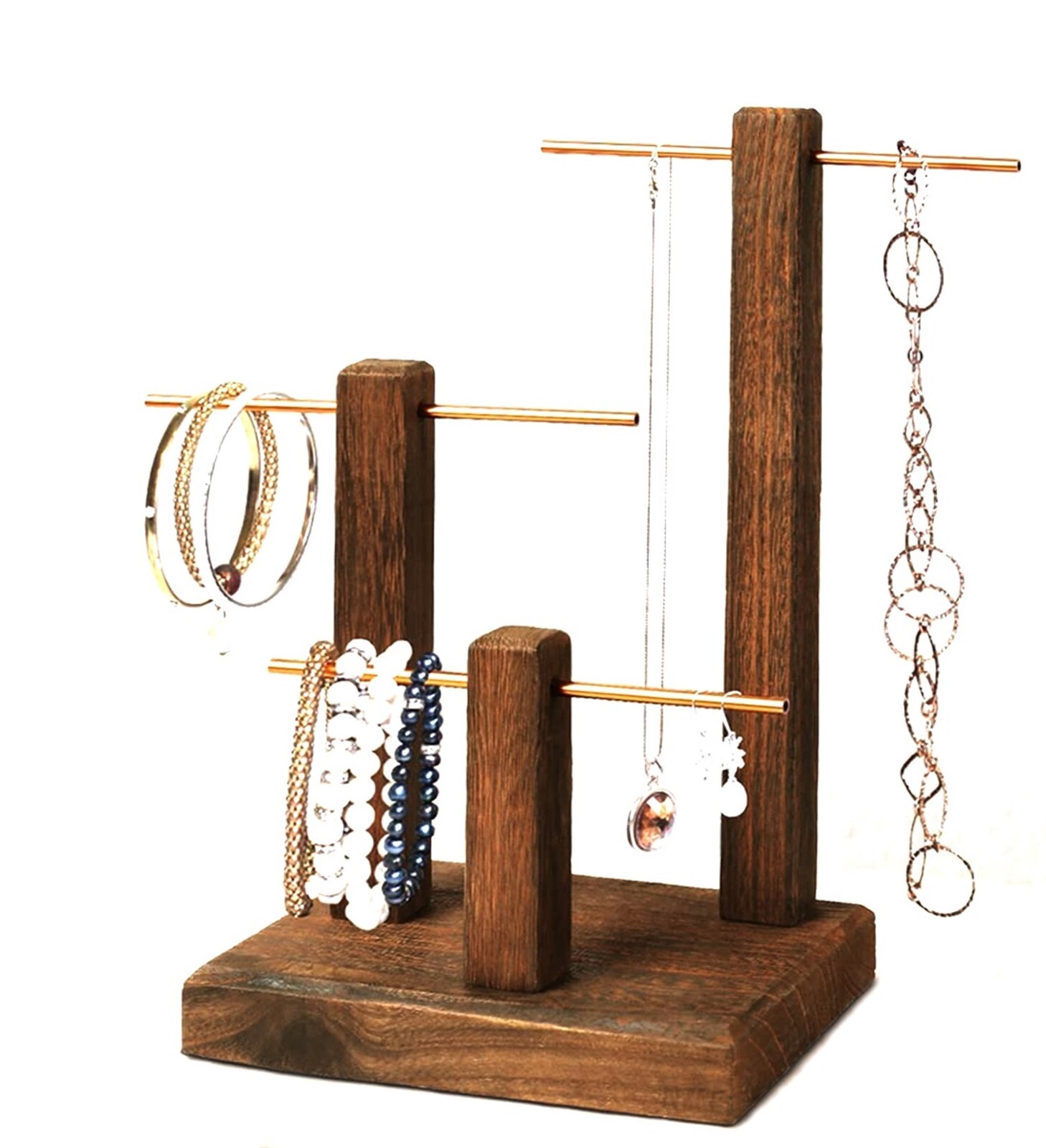 3 Tier Brown Stain Wooden T bar Bracelet Watch Chain Jewelry Display Stand