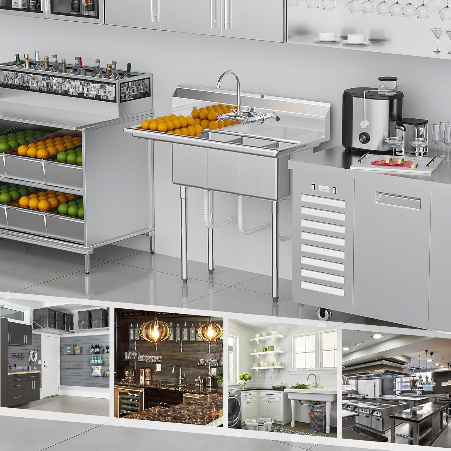 Commercial Sink, Stainless Steel with 3 Compartment and Left Side Drainboard NEW