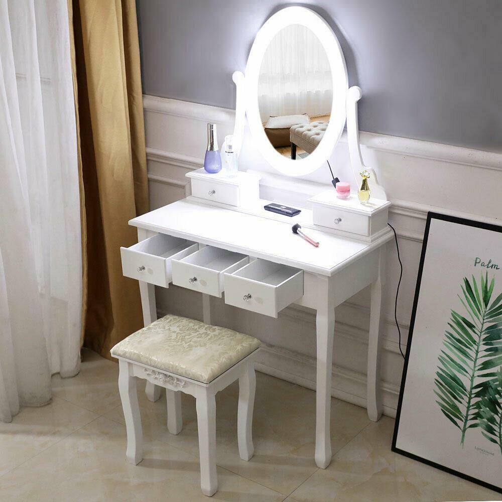 LED Makeup Vanity Table Set with 10 Lights Mirror and 5 Drawers Dressing Desk