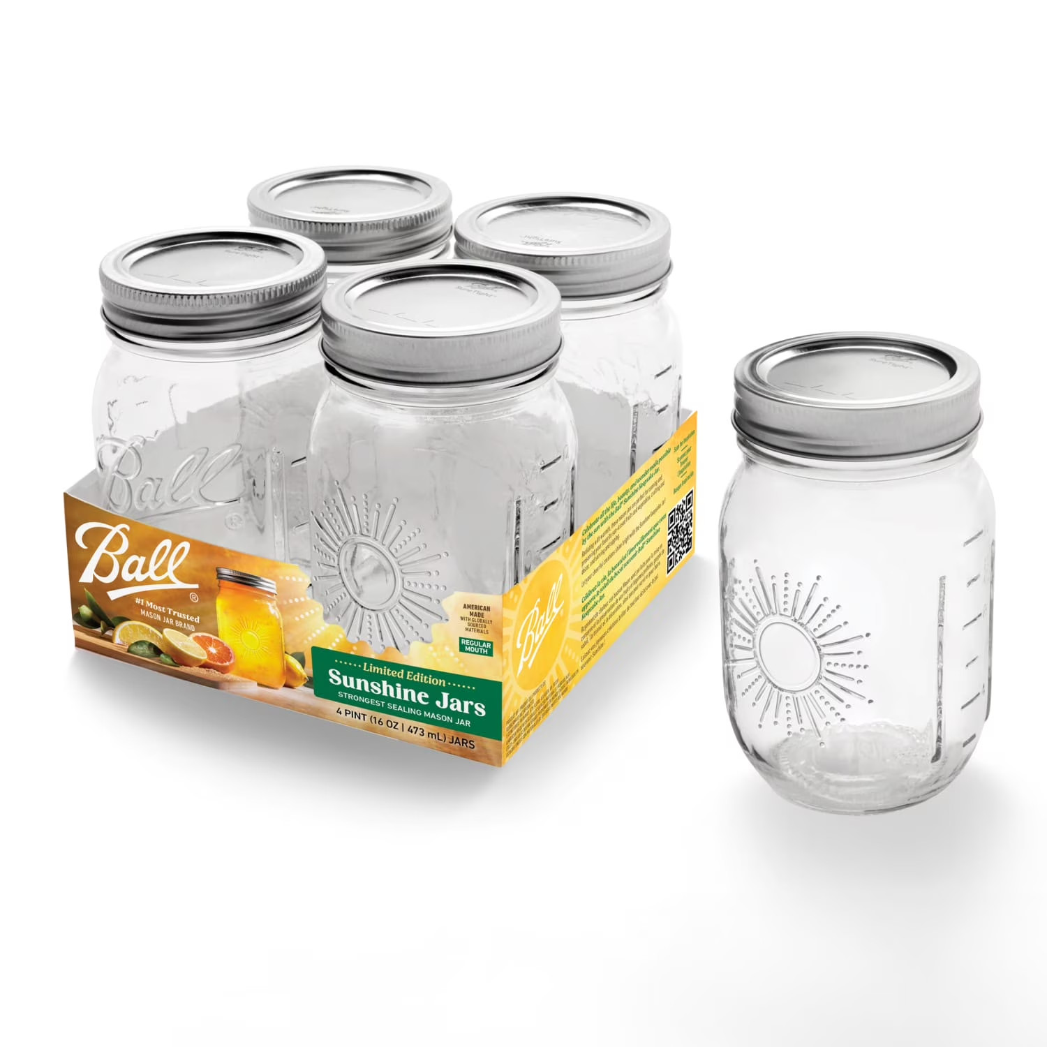Ball Mason Jars 16 oz Regular Mouth Pint 4 Pack Limited Edition Sunshine