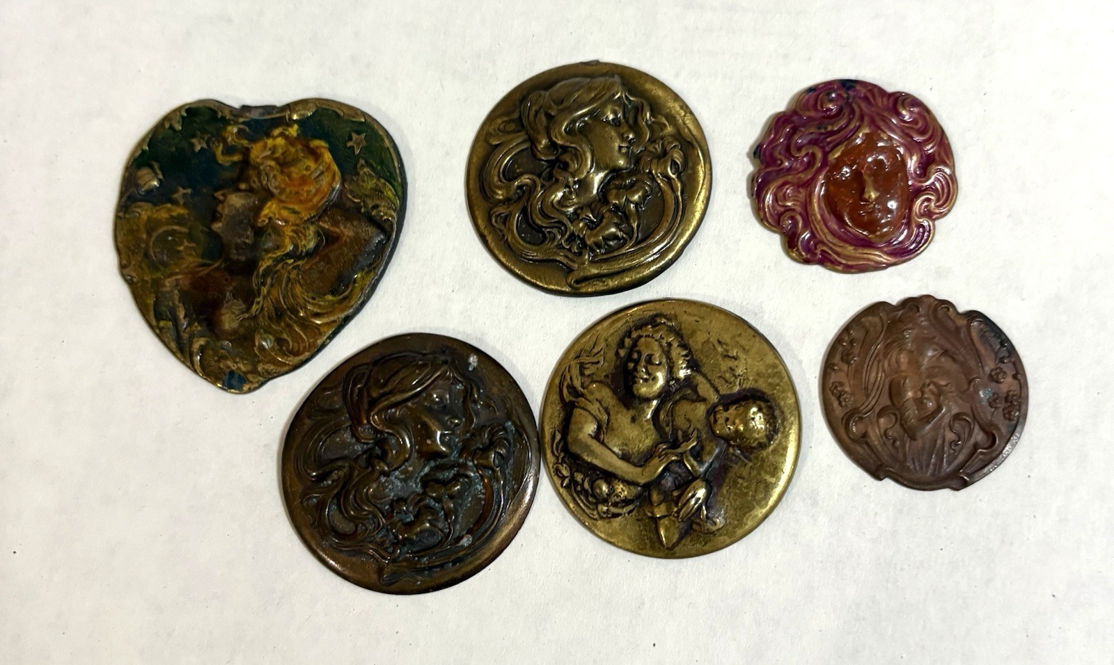 Lot ART NOUVEAU VINTAGE BRASS STAMPINGS NYMPH Ladies Cupid 6 Different Findings