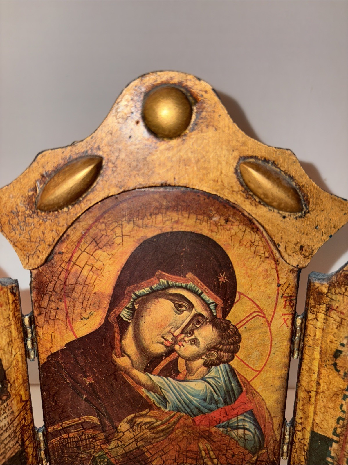 Religious Florentine Triptych Wood Plaque Gold Gilt Icon Relic Print