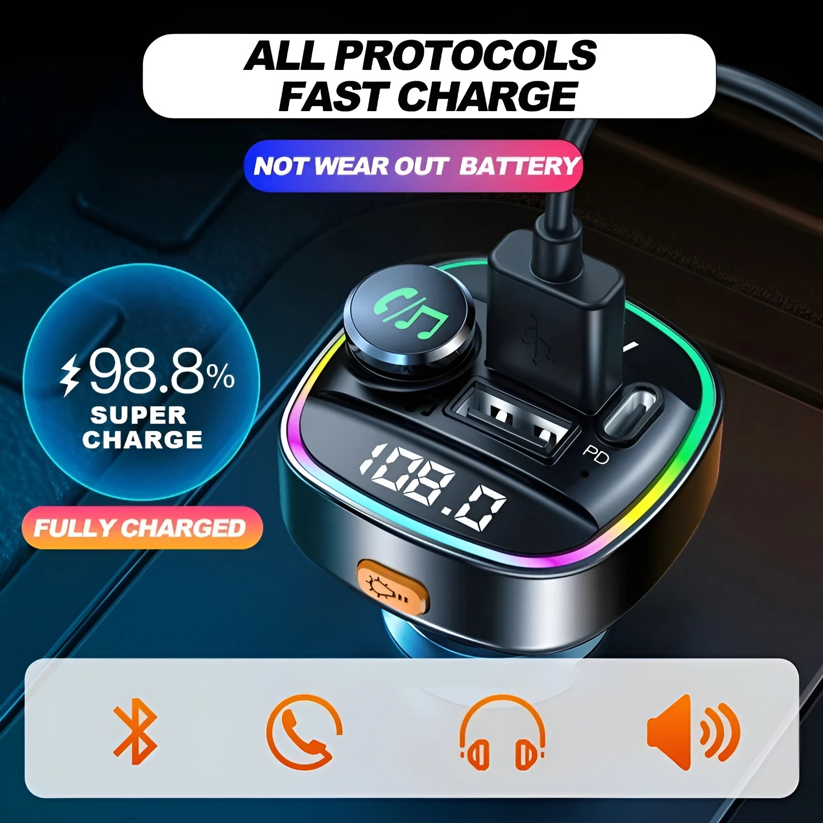 Bluetooth 5.0 Car FM Transmitter Adapter, Hands-Free, USB Charger, AUX Audio