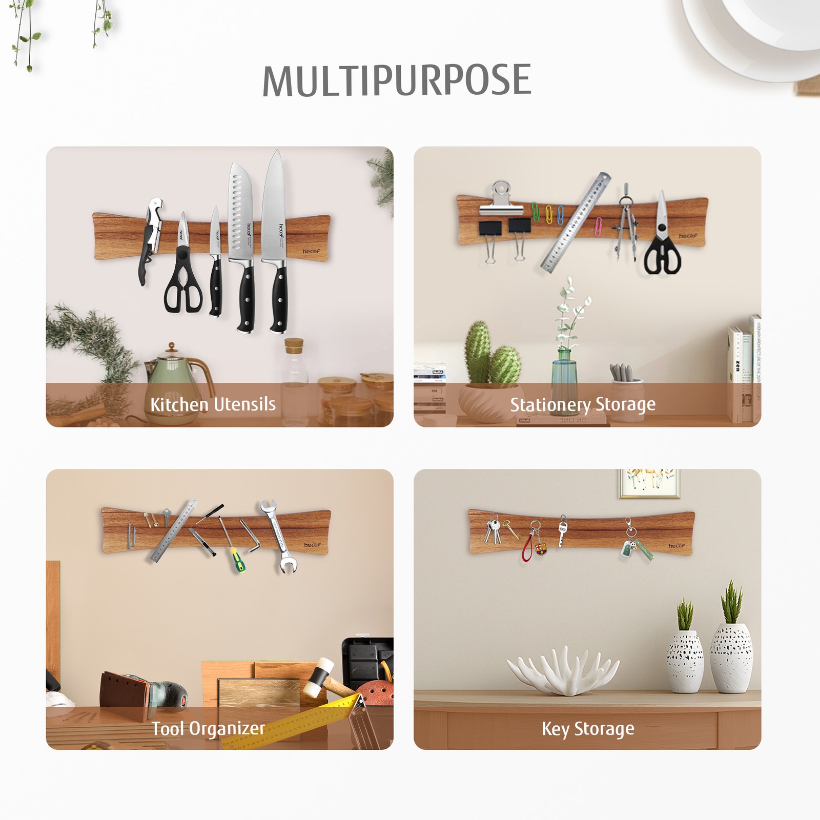 16in Magnetic Knife Strip Solid Wood Knife Organizer Rack Strong Magnets forWall