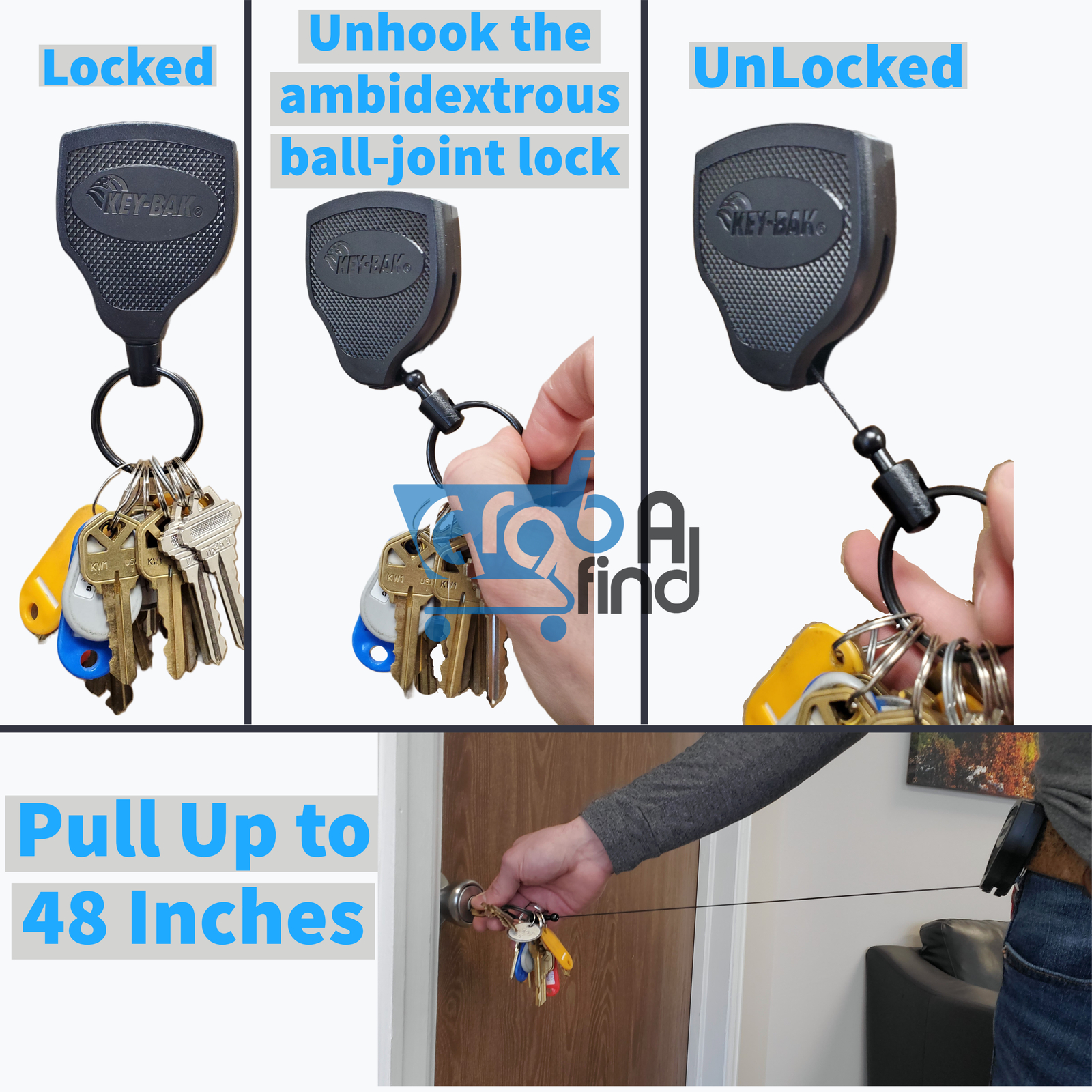 KEY-BAK SUPER48 Locking Retractable Keychain, Steel Belt Clip, Made in the USA