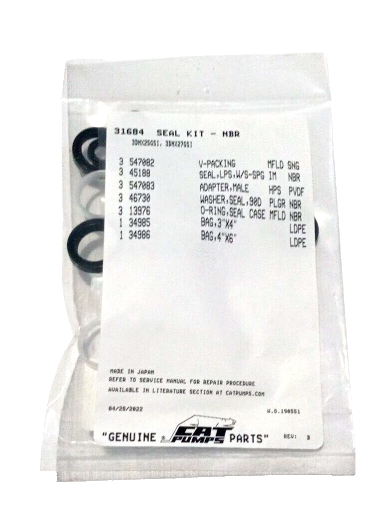 31684 SEAL KIT FOR CAT PUMP 3DNX SERIES PUMPS 3DNX25GSI, 3DNX27GSI, 3GXT30