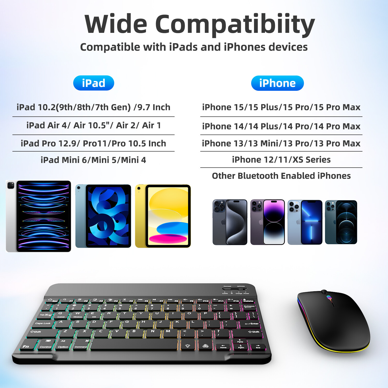 RGB Wireless Keyboard & Mouse Combo - Backlit Bluetooth Set for iPad/PC/Laptop U